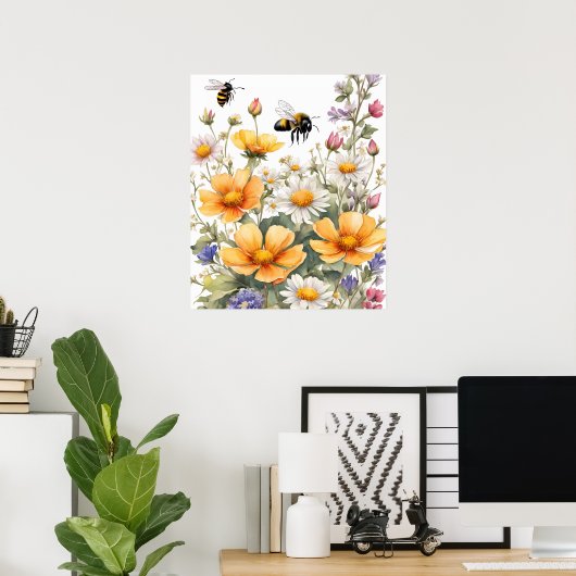 Poster Fleurs sauvages et Abeilles de miel Aquarelle (Bureau à domicile)