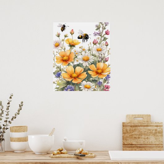 Poster Fleurs sauvages et Abeilles de miel Aquarelle (Cuisine)
