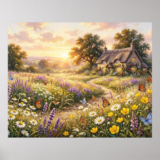Poster Fleurs sauvages et un cottage mignon (Devant)