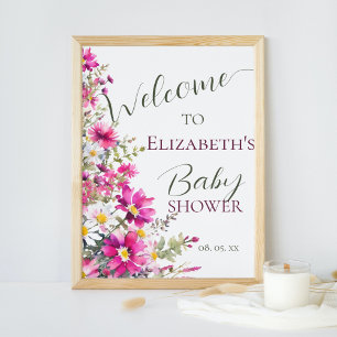 Poster Fleurs sauvages rose vif Floral Boho Script Bienve