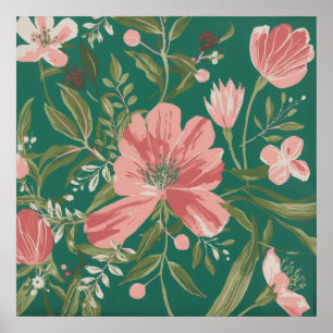 Poster Fleurs sauvages roses corail sur fond d'art botani
