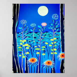 Poster Fleurs sauvages sous Pleine lune