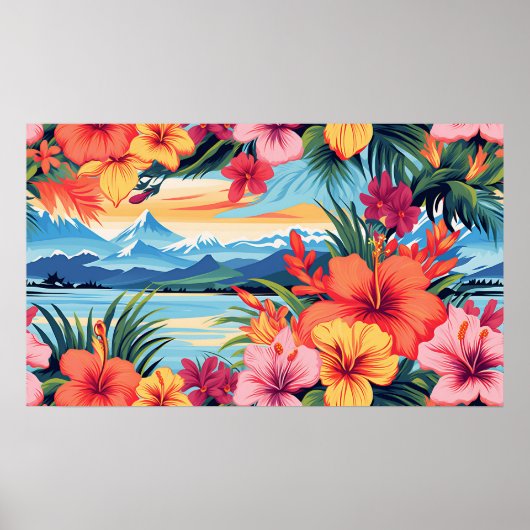Poster Fleurs tropicales colorées et paysage (Devant)