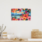 Poster Fleurs tropicales colorées et paysage (Cuisine)