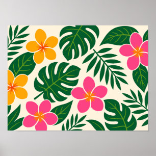 Poster Fleurs tropicales orange et rose avec feuilles ver