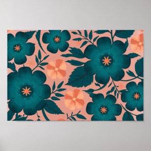 Poster Fleurs turquoises et de Pêche sur un Arrière - pla