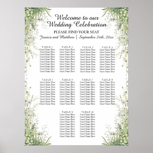 Poster Fleurs vertes Dusty Sage 10 Tables Siège Mariage (Devant)