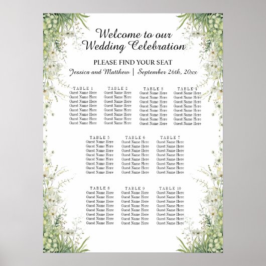 Poster Fleurs vertes Dusty Sage 10 Tables Siège Mariage (Devant)