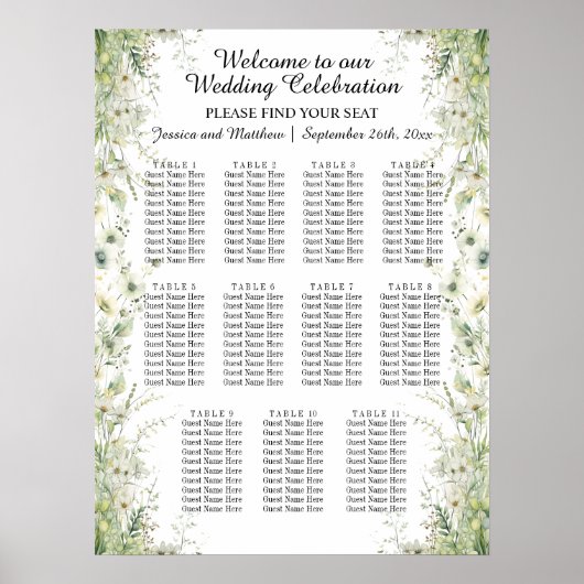 Poster Fleurs vertes Dusty Sage 11 Tables Siège Mariage (Devant)