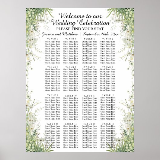 Poster Fleurs vertes Dusty Sage 16 Tables Siège Mariage (Devant)