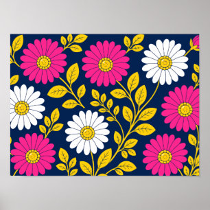 Poster Fleurs Vibrantes avec Marguerites et Feuilles Doré