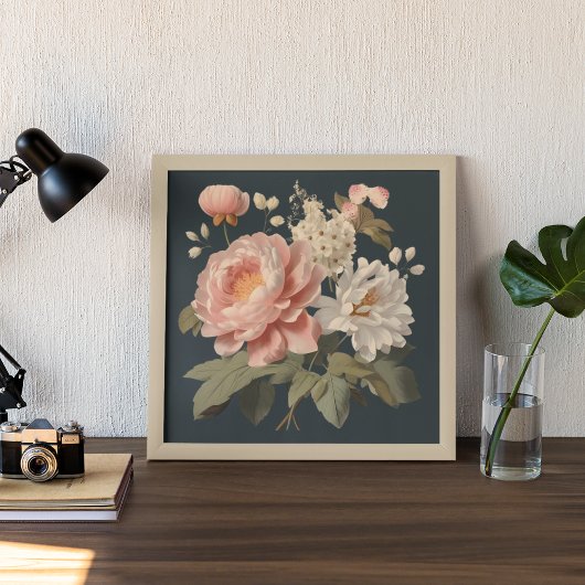 POSTER FLEURS VINTAGES ROSES ET BLANCHES