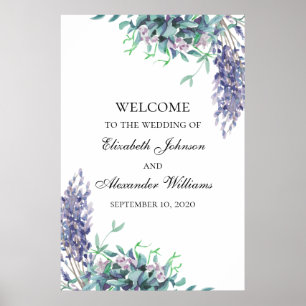 Poster Fleurs violettes et sarcelles. Panneau de bienvenu