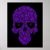 Poster Fleurs violettes et vignes Design crâne sur noir (Devant)
