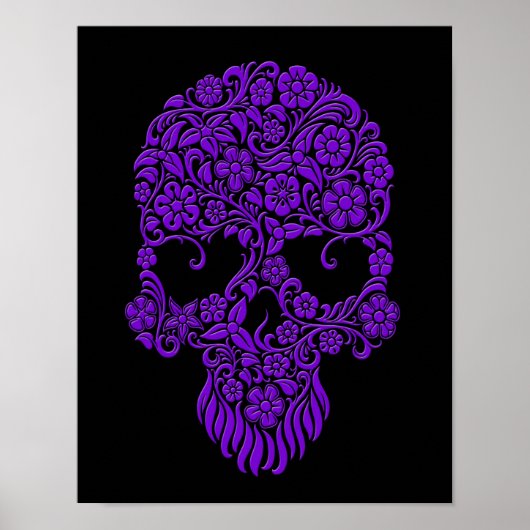 Poster Fleurs violettes et vignes Design crâne sur noir (Devant)