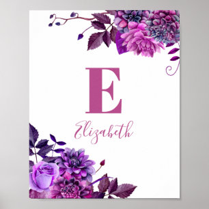 Poster Fleurs violettes. Nom de la petite fille et monogr