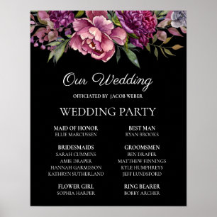 Poster Fleurs violettes roses sur fond noir pour mariage