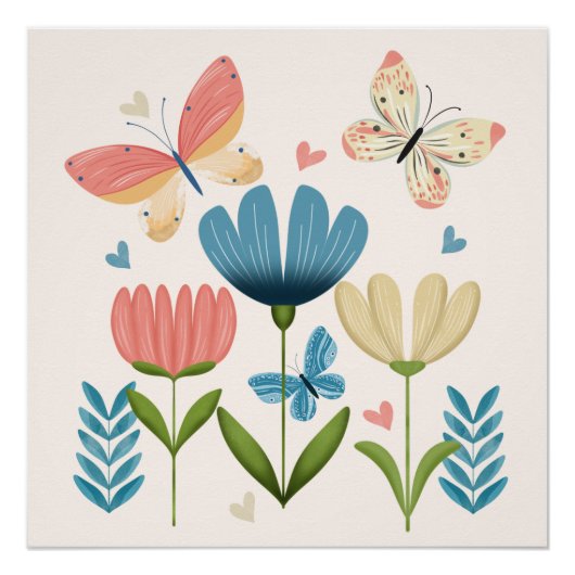 Poster Fleurs Whimsical et papillons (Devant)