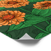Poster Fleurs Zinnia orange, feuilles verts sur vert fonc (Coin)
