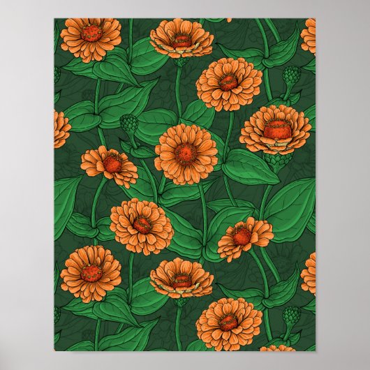 Poster Fleurs Zinnia orange, feuilles verts sur vert fonc (Devant)