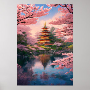 Poster Fleuve, Pagode et Fleur de cerisiers