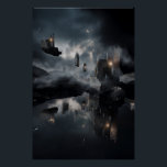 Poster Floating Gothic Ruins Cosmic Mirror Night<br><div class="desc">Shattered gothic cathedrals and broken spires float as isolated islands in a vast, starry night sky. Each ruin glows with ethereal blue-violet light from cracked windows and arched interiors, while small warm lanterns and fires flicker in the darkness. A slender crescent moon hangs low, illuminating swirling clouds and casting perfect...</div>