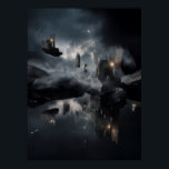 Poster Floating Gothic Ruins Cosmic Mirror Night<br><div class="desc">Shattered gothic cathedrals and broken spires float as isolated islands in a vast, starry night sky. Each ruin glows with ethereal blue-violet light from cracked windows and arched interiors, while small warm lanterns and fires flicker in the darkness. A slender crescent moon hangs low, illuminating swirling clouds and casting perfect...</div>
