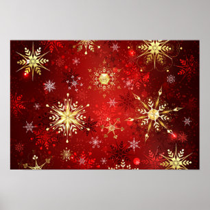 Poster Flocons de neige dorés de Noël sur fond rouge