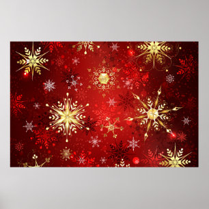 Poster Flocons de neige dorés de Noël sur fond rouge