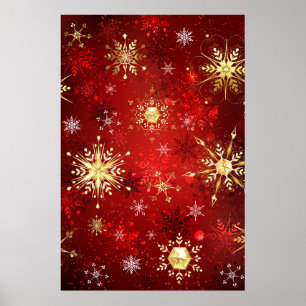 Poster Flocons de neige dorés de Noël sur fond rouge