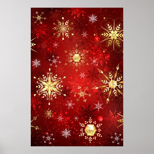Poster Flocons de neige dorés de Noël sur fond rouge (Devant)