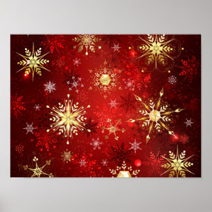 Poster Flocons de neige dorés de Noël sur fond rouge