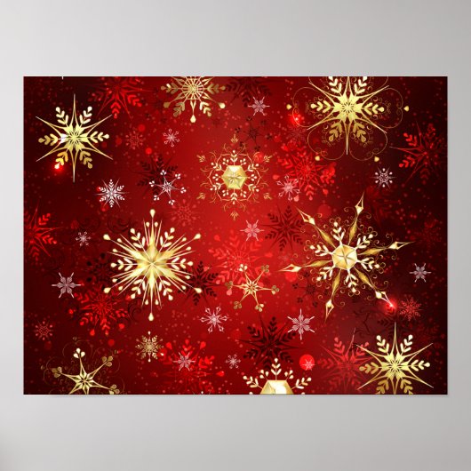 Poster Flocons de neige dorés de Noël sur fond rouge (Devant)