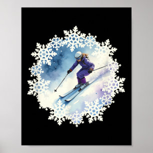 Poster Flocons de neige et skieur à l'aquarelle