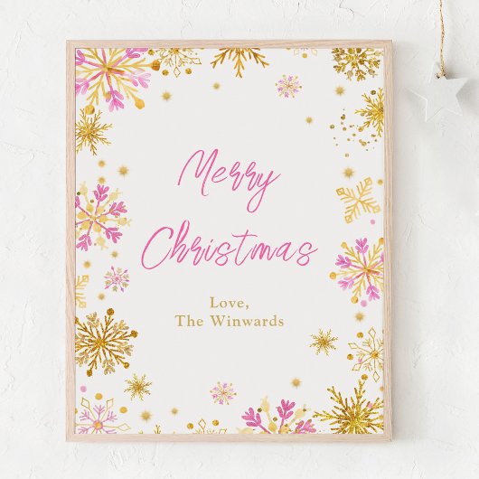 Poster Flocons de neige roses et dorés Joyeux Noël