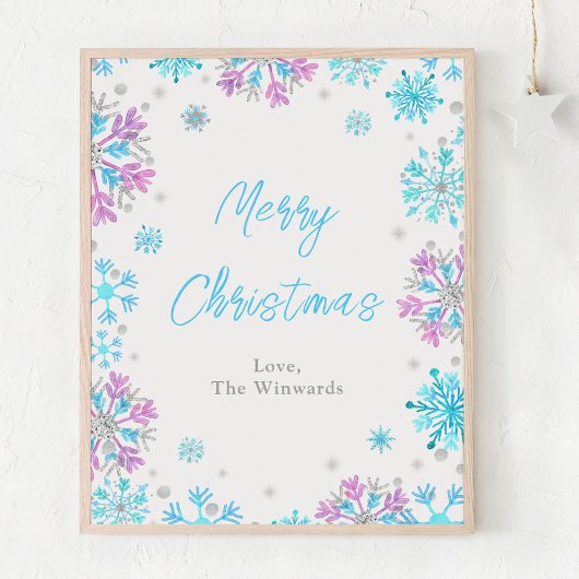 Poster Flocons de neige violets et bleus Joyeux Noël
