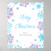 Poster Flocons de neige violets et bleus Joyeux Noël (Devant)