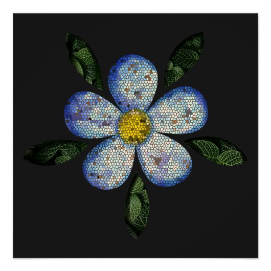 Poster Flor Azul com Folhas Escuras em Composição Moderna (Devant)