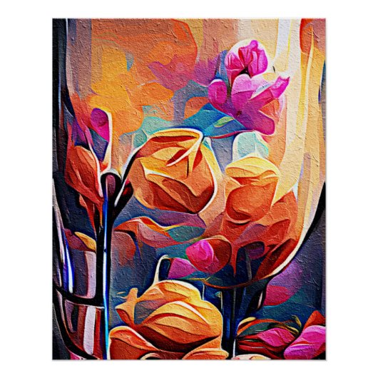 Poster Floral Abstract Art Orange Red Blue Flowers (Devant)