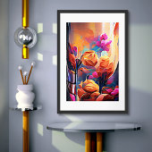 Poster Floral Abstract Art Orange Red Blue Flowers