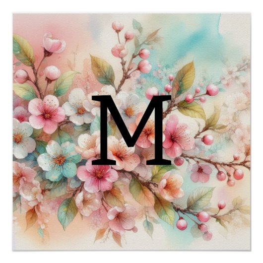 Poster Floral aquarelle monogramme rose cerisier fleurs (Devant)