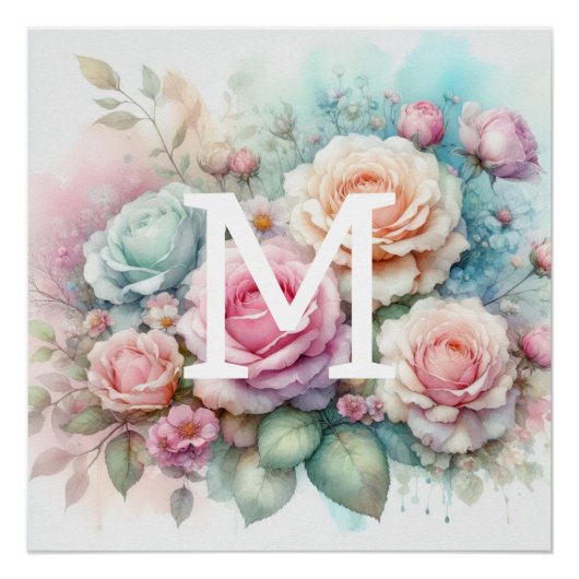 Poster Floral aquarelle monogramme rose roses fleurs (Devant)
