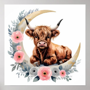 Poster Floral Baby Highland Cow Nursery Imprimer