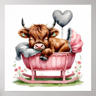 Poster Floral Baby Highland Cow Nursery Imprimer