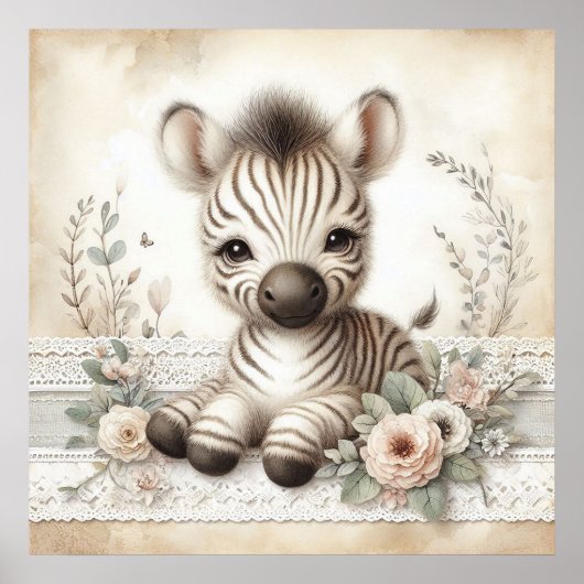 Poster Floral Baby Zebra Nursery (Devant)
