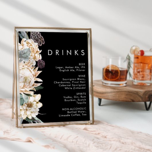 Poster Floral blanc | Panneau boisson Mariage noire