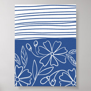 Poster Floral bleu et rayé - Boho Botanique moderne