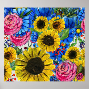Poster Floral bleu jaune rose sans joint
