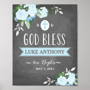 Poster Floral Blooms God Bless Baptism Sign Chalk Blue