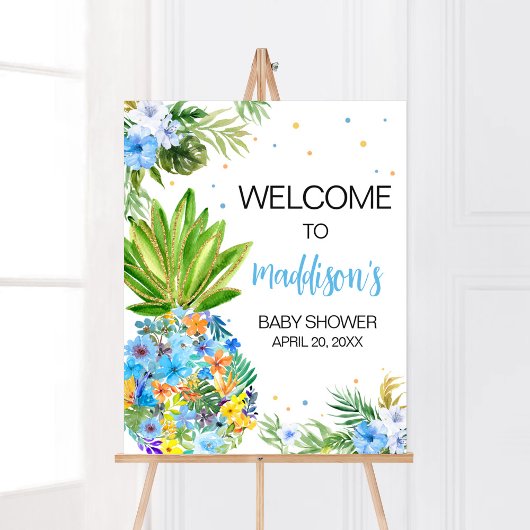 Poster Floral Blue Pineappy Baby shower Bienvenue